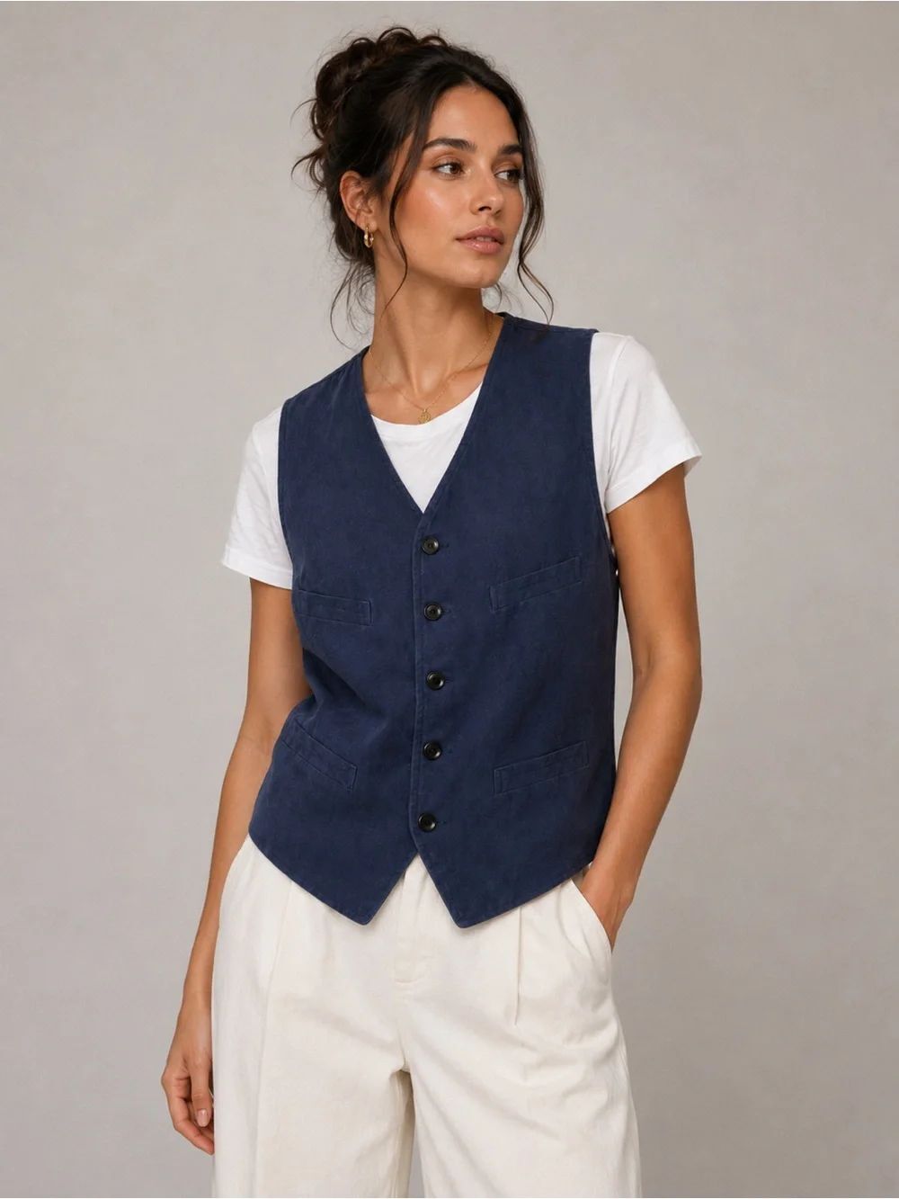 Classic Navy Womens Cotton Vest - Tailored Button Front